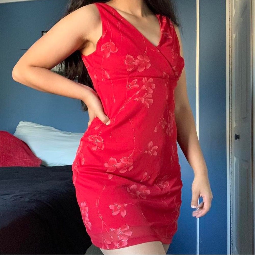 Vintage 90’s Fashion Bug Mesh Red Floral Glitter Dress
